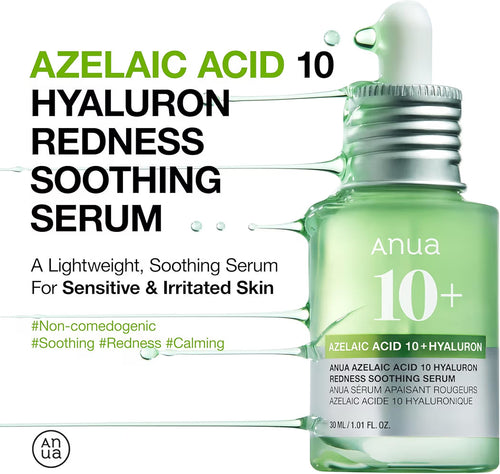 Anua 10+ AZELAIC ACID 10 + HYALURON REDNESS SOOTHING SERUM ANUA SERUM APAISANT ROUGEURS AZELAIC ACIDE 10 HYALURONIQUE 30 ML 1.01 FL. OZ